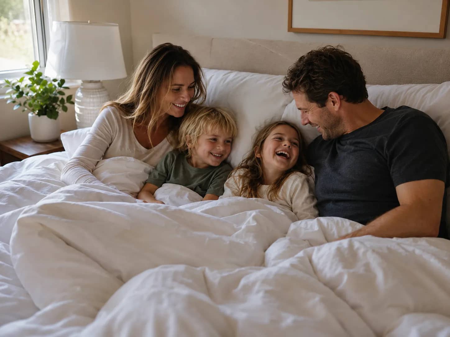 Family laughing together under a white CloudWeave duvet