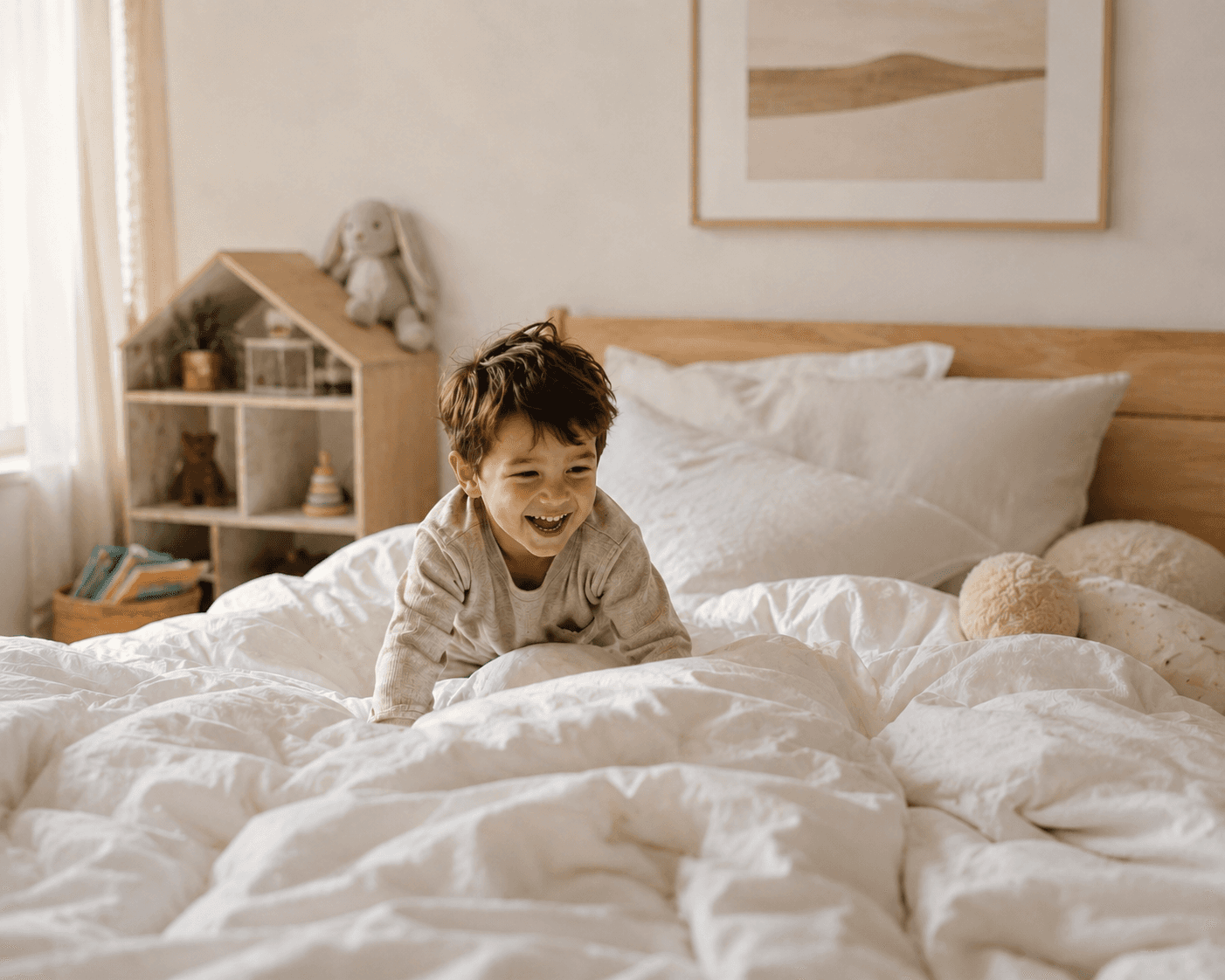 Woman enjoying a quiet morning in bed with a small dog